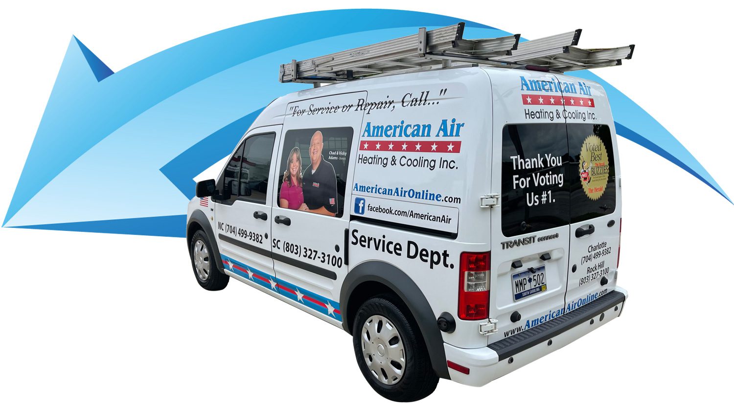 van-with-blue-arrow2 American Air Heating & Cooling | company van in front of blue arrow