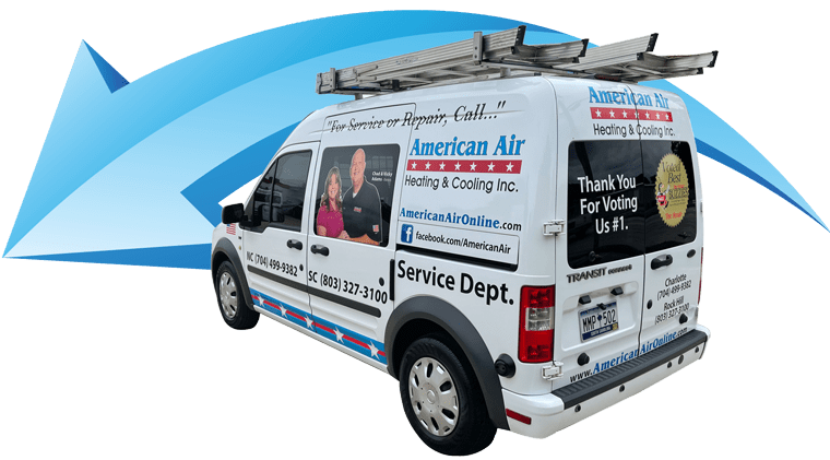 van-with-blue-arrow2 American Air Heating & Cooling | company van in front of blue arrow